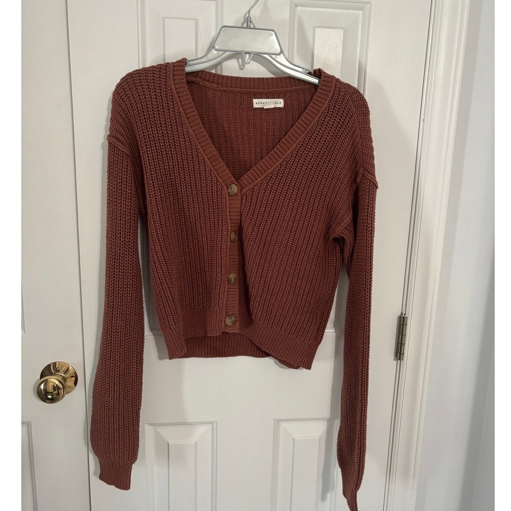 Aeropostale Womens Brown Cropped Shaker Stitch V-Neck Cardigan Sweater Small